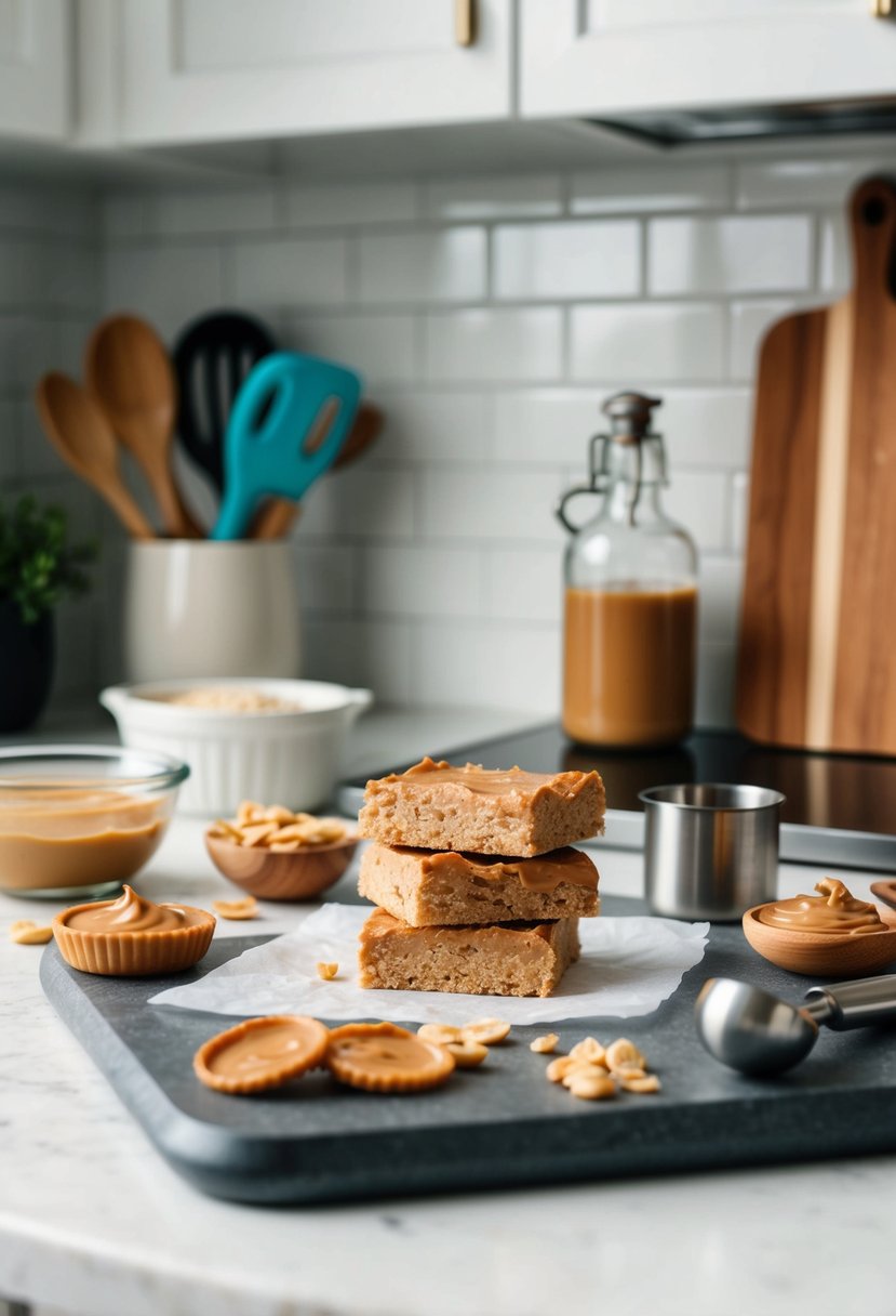 A kitchen counter with ingredients and utensils for making no-bake peanut butter snack bars