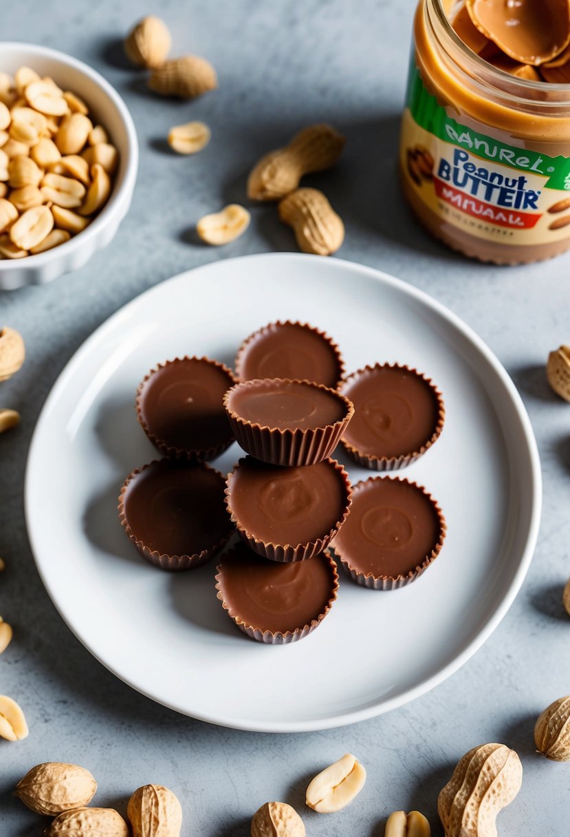 A plate of low-calorie peanut butter cups surrounded by fresh peanuts and a jar of natural peanut butter