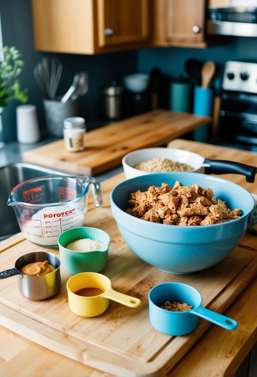 A kitchen counter with a cutting board, mixing bowl, measuring cups, and ingredients for peanut butter granola bars