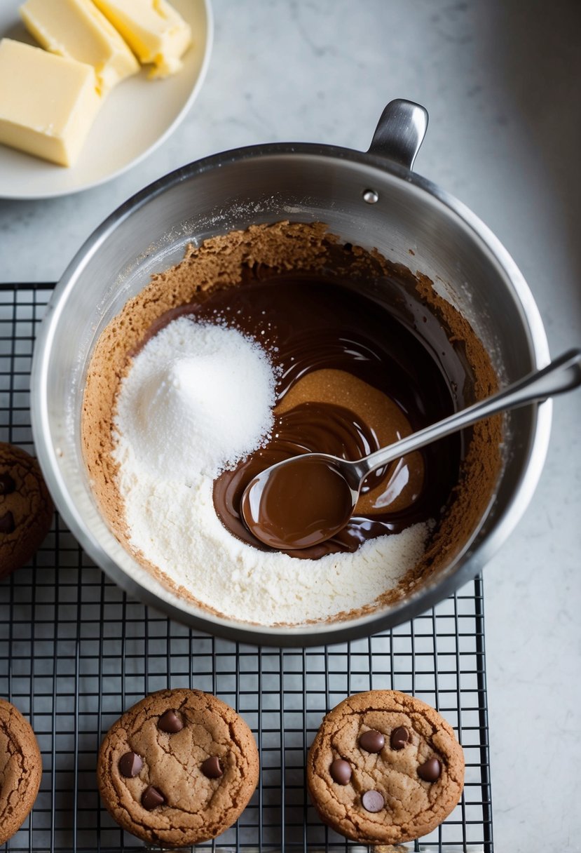 A mixing bowl filled with flour, cocoa, and sugar. A spoon stirs in melted chocolate and butter. A tray of freshly baked cookies cools on a wire rack