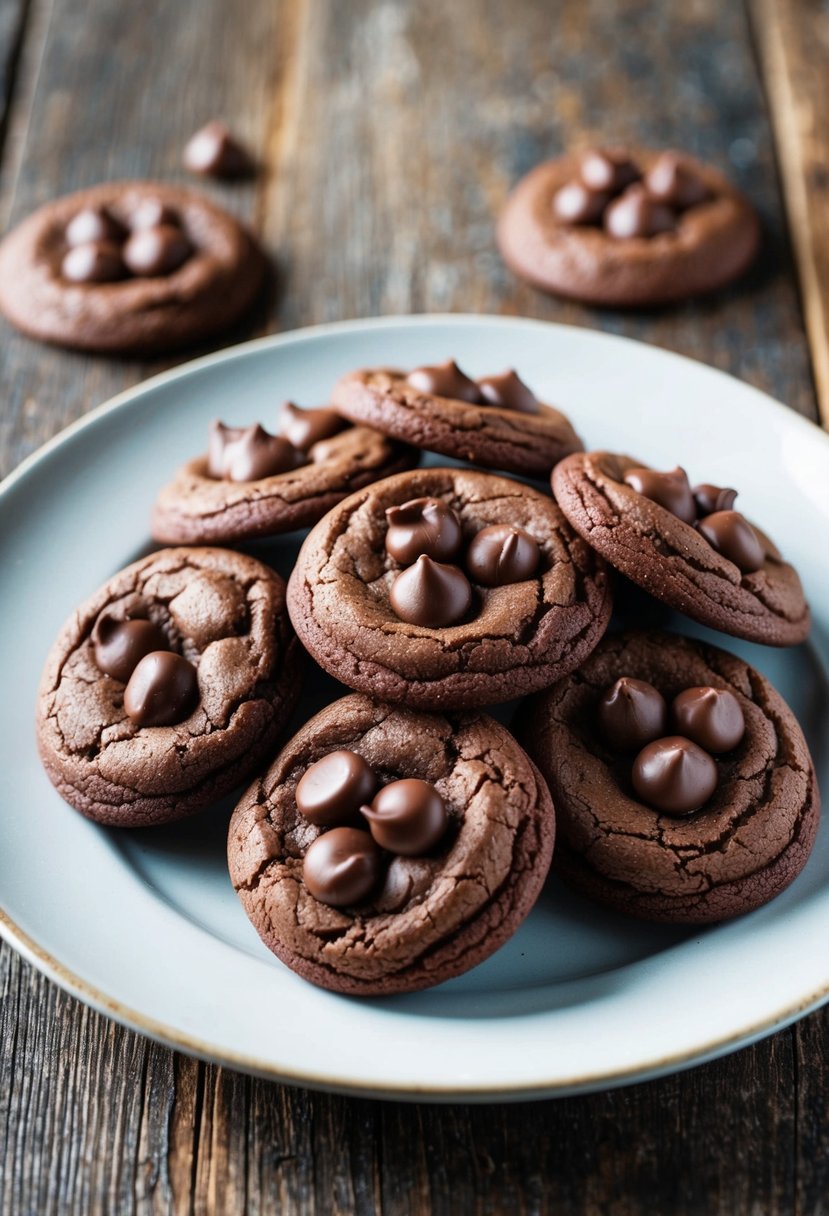 A plate of freshly baked chewy double chocolate delight cookies on a rustic wooden table