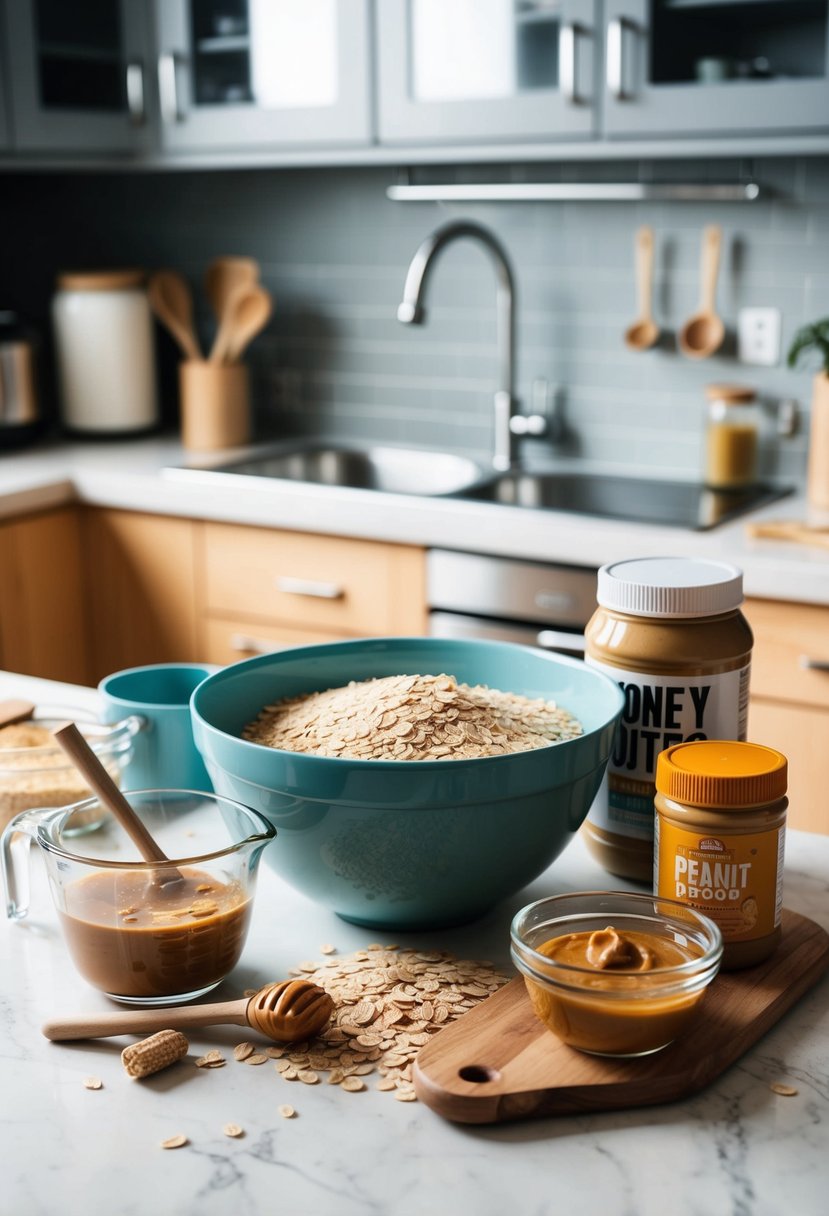 A kitchen counter with a mixing bowl, measuring cups, rolled oats, peanut butter, honey, and protein powder