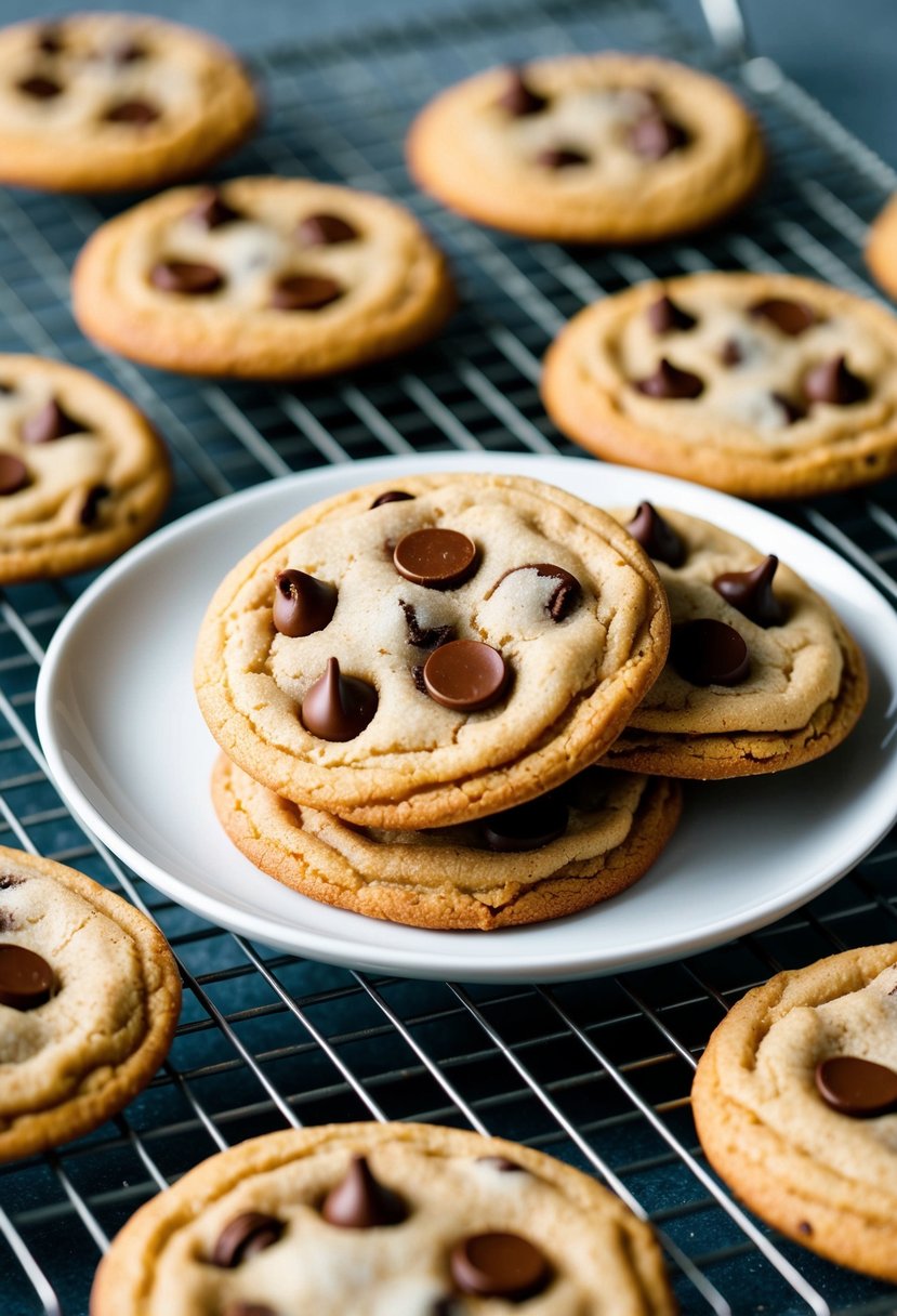 A plate of freshly baked chocolate chip cookies cooling on a wire rack