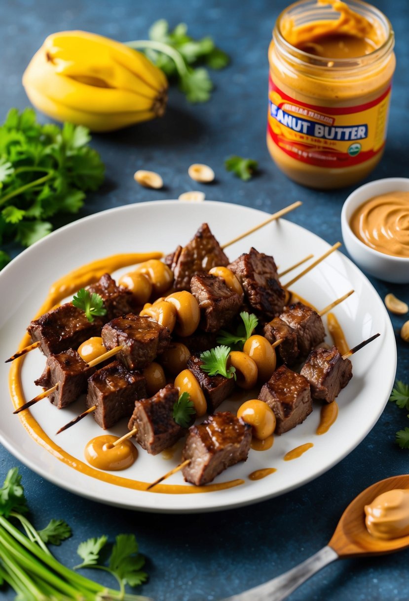 A plate of Indonesian beef satay with peanut sauce surrounded by fresh ingredients and a jar of healthy peanut butter