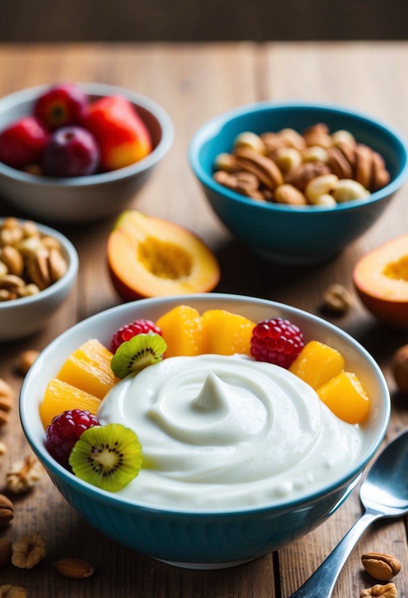 A bowl of plain yogurt surrounded by fresh fruits and nuts on a wooden table