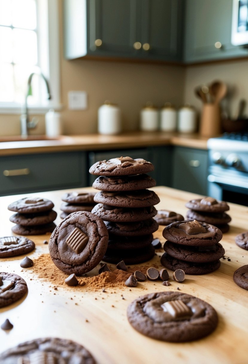 A kitchen counter adorned with a variety of decadent triple chocolate cookies, surrounded by scattered cocoa powder and chocolate chunks