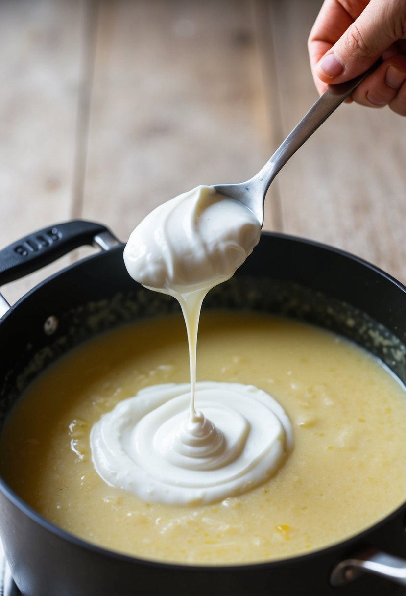 A dollop of plain yogurt being stirred into a pot of creamy potato soup