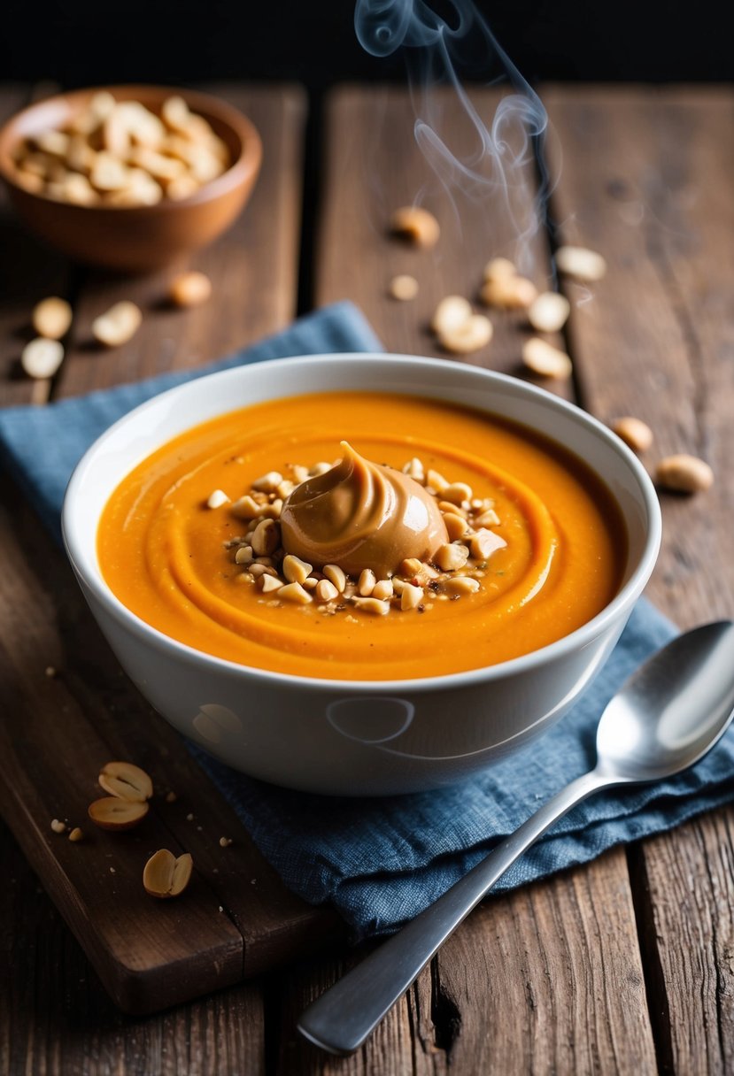 A steaming bowl of sweet potato-peanut bisque, topped with a dollop of creamy peanut butter and a sprinkle of chopped peanuts, sits on a rustic wooden table