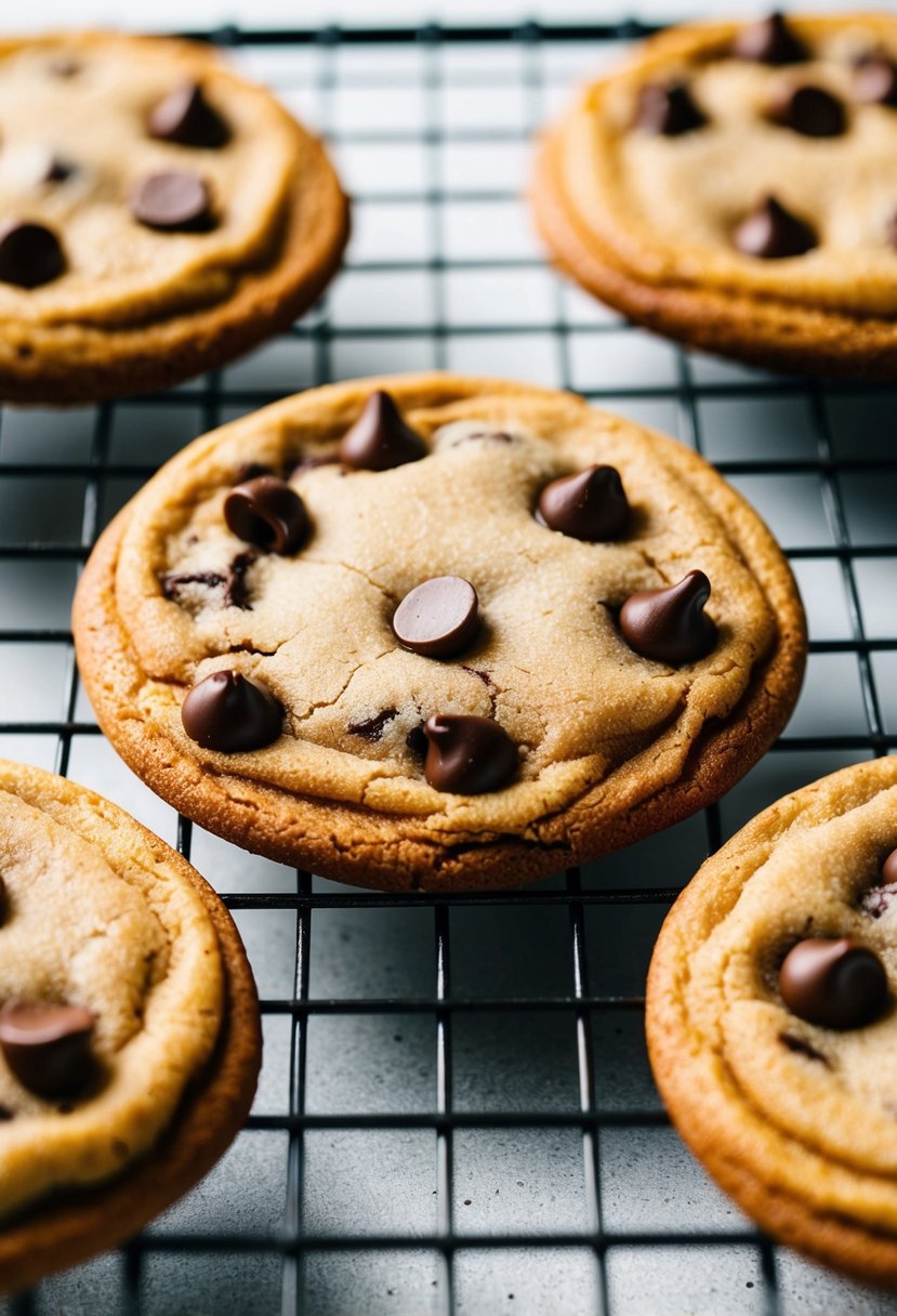 A warm, freshly baked chocolate chip cookie cooling on a wire rack