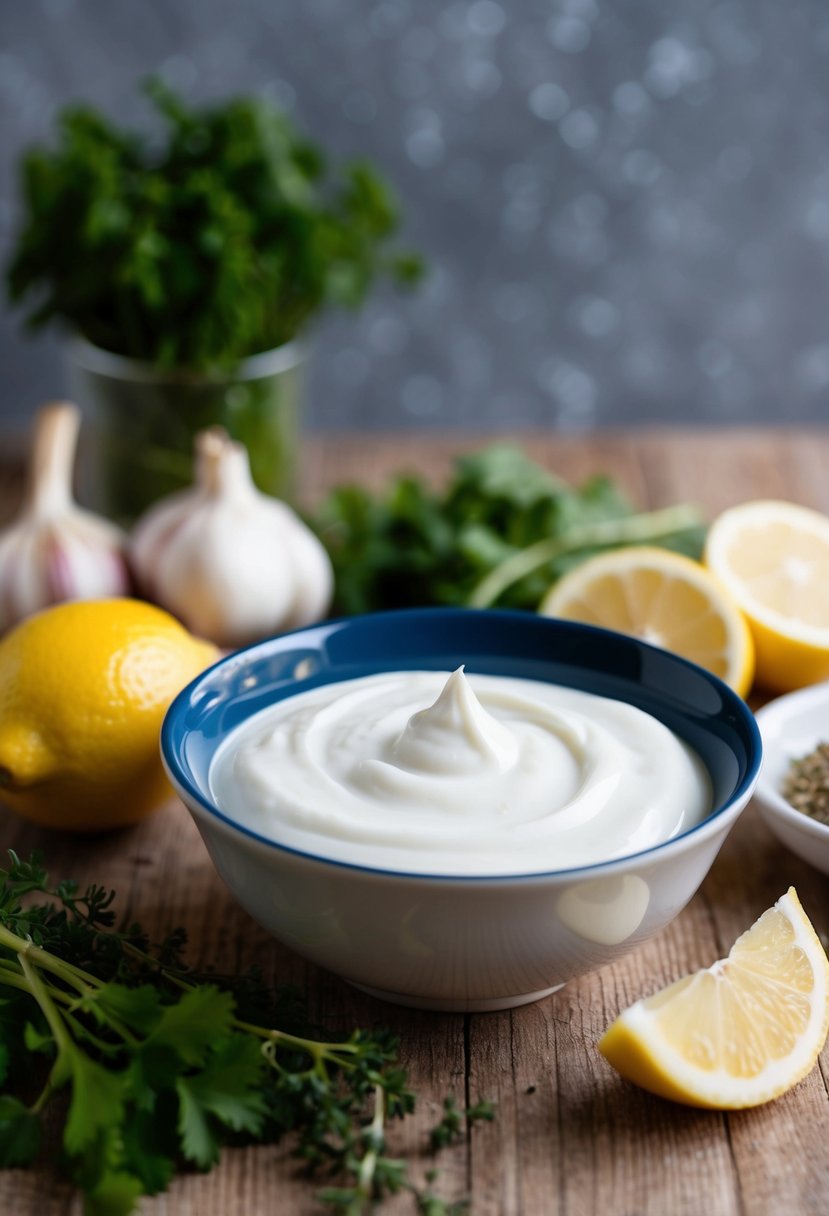 A bowl of plain yogurt sits next to a variety of tangy ingredients like lemon, garlic, and herbs, ready to be mixed into a dressing