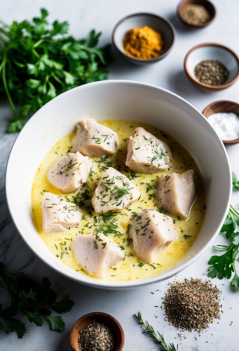 A bowl of chicken pieces marinating in a creamy yogurt mixture, surrounded by various herbs and spices