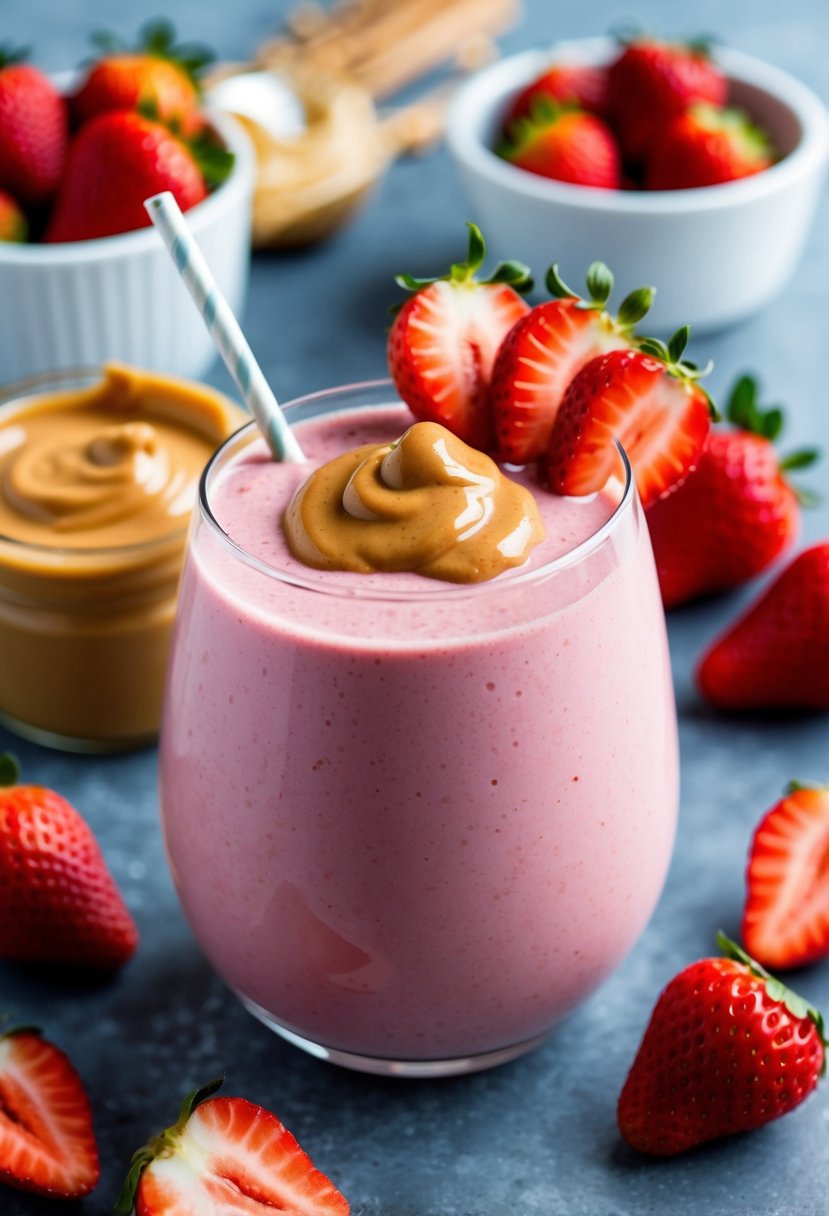 A glass filled with a creamy pink smoothie topped with sliced strawberries and a dollop of peanut butter