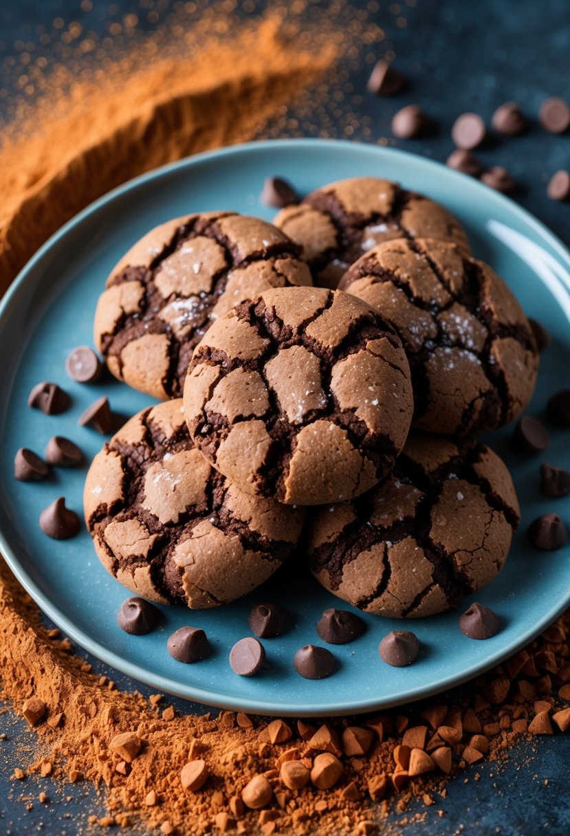 A plate of chocolate crinkle cookies surrounded by scattered cocoa powder and chocolate chips