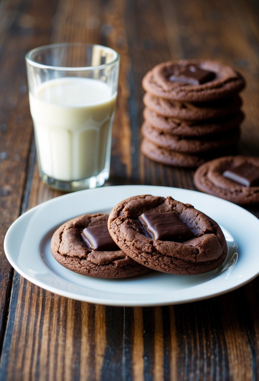 A plate of rich cocoa fudge cookies with a glass of milk on a wooden table