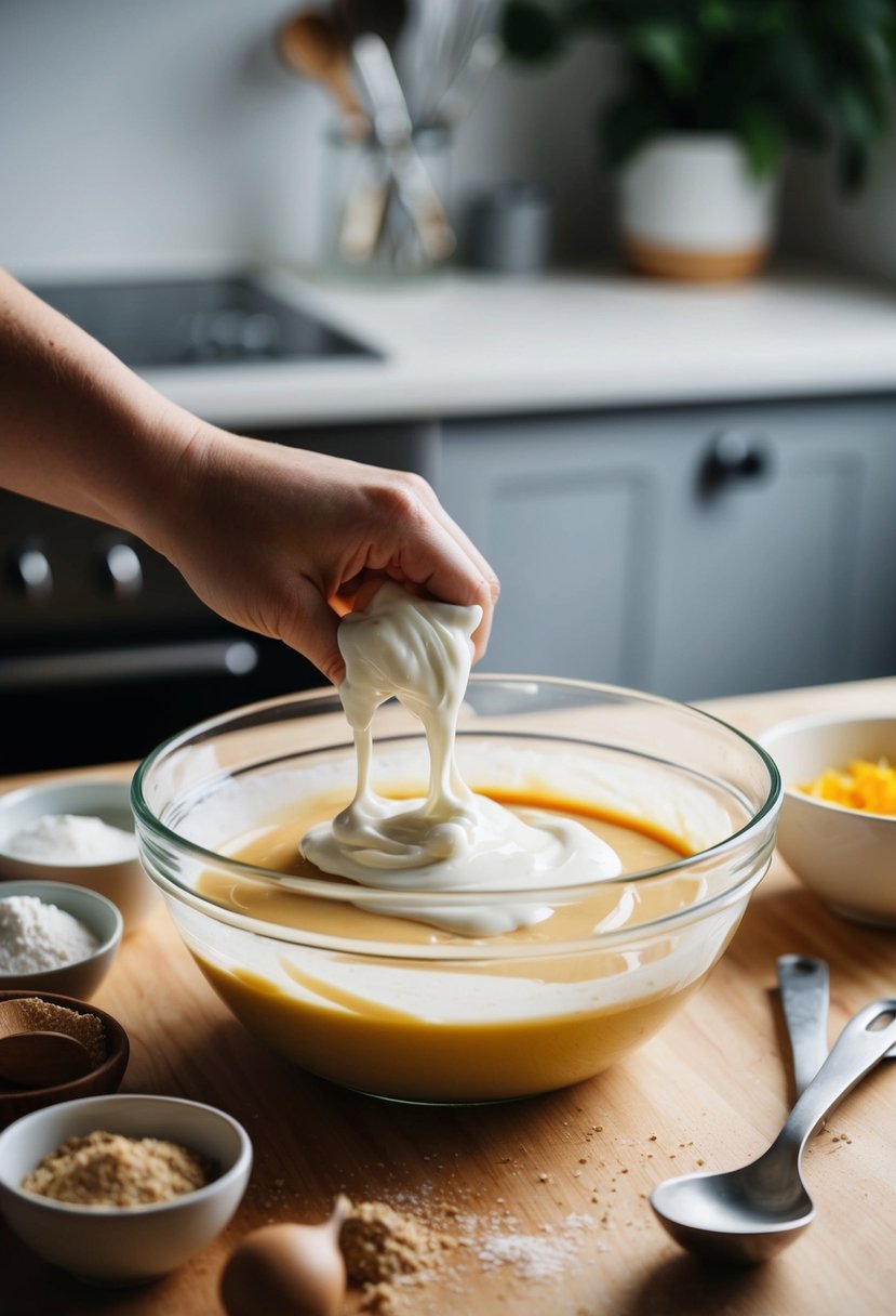 A bowl of pancake batter being mixed with plain yogurt, surrounded by ingredients and utensils on a kitchen counter