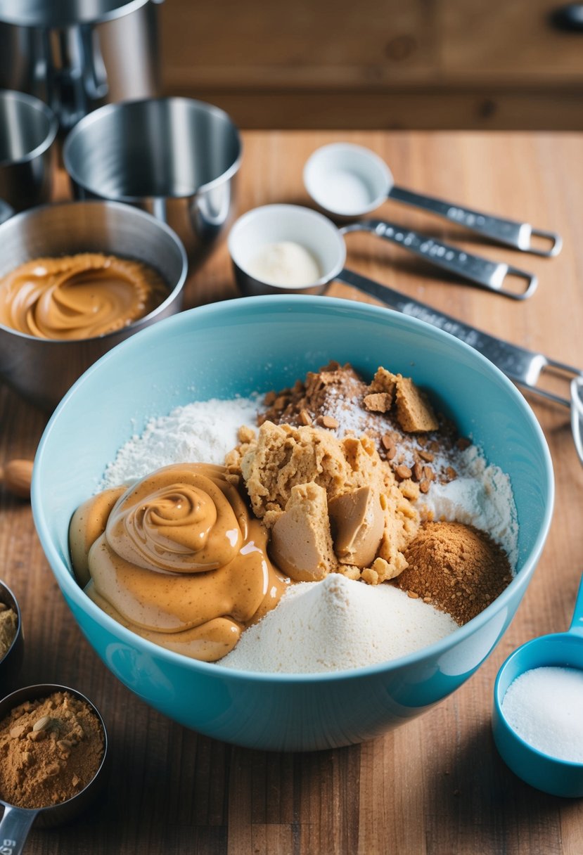 A mixing bowl filled with almond flour, peanut butter, and other ingredients, surrounded by measuring cups and spoons on a wooden kitchen counter