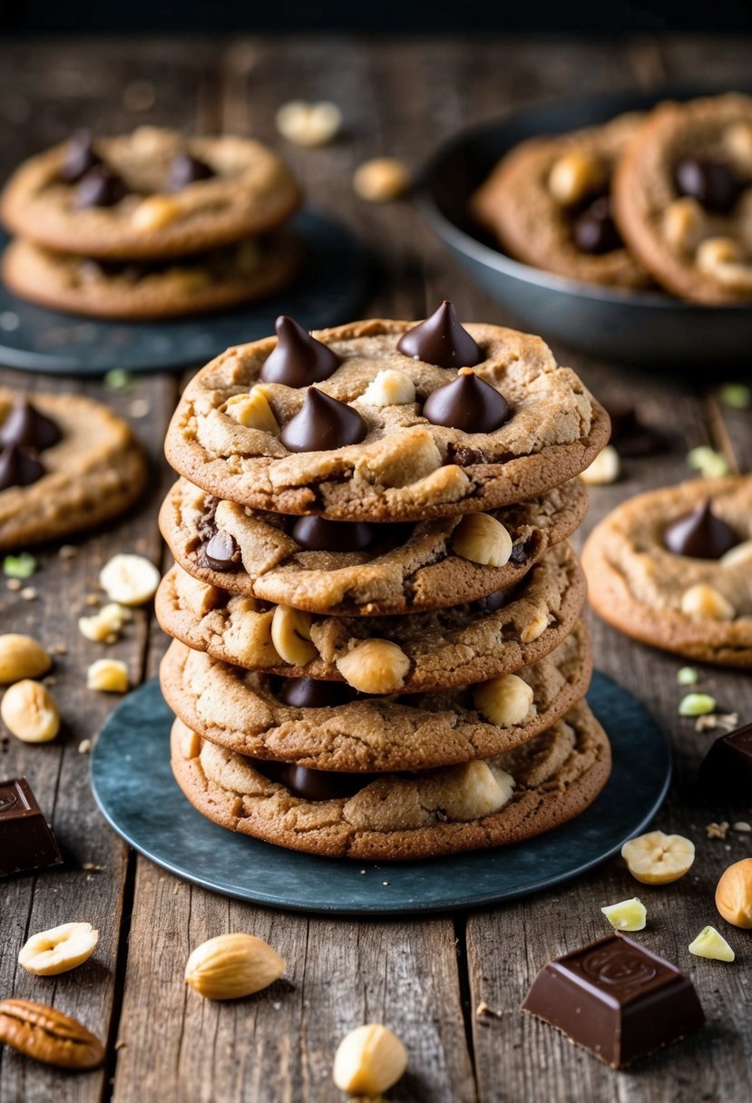 A pile of chunky chocolate nut explosion cookies on a rustic wooden table, surrounded by scattered nuts and chocolate chunks