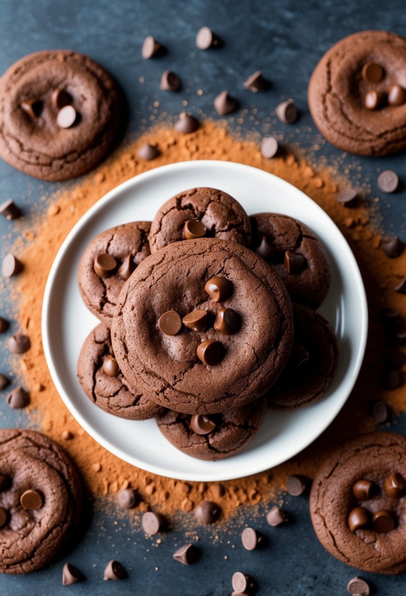 A plate of brownie-inspired chocolate cookies surrounded by scattered cocoa powder and chocolate chips