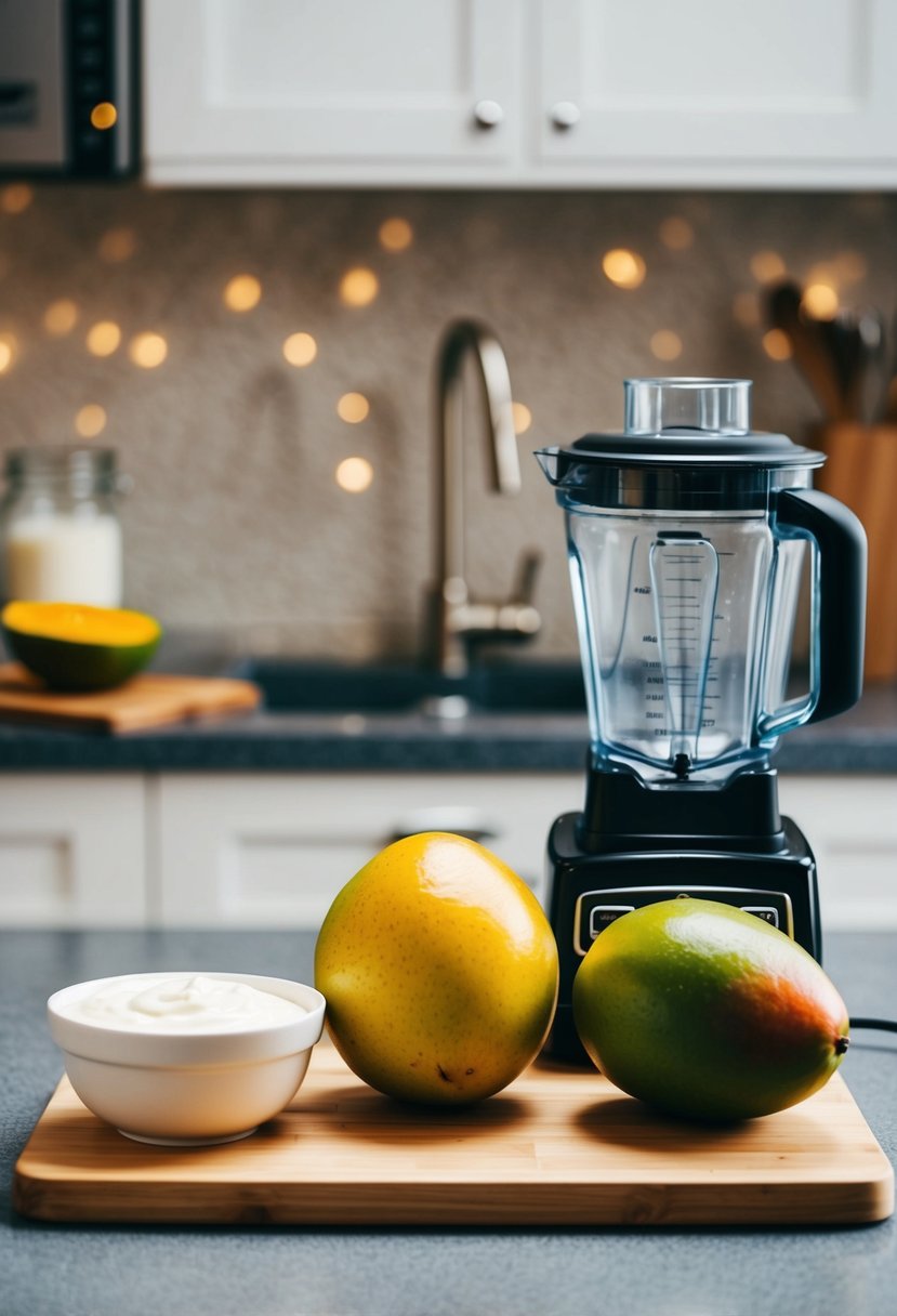 Ripe mangoes, plain yogurt, and a blender on a kitchen counter