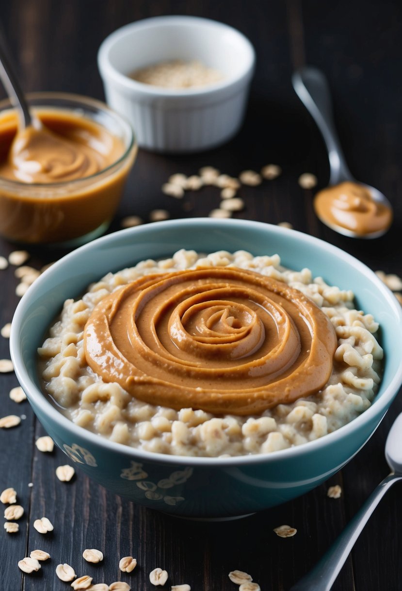 A bowl of oatmeal topped with swirls of peanut butter, surrounded by scattered oats and a spoon