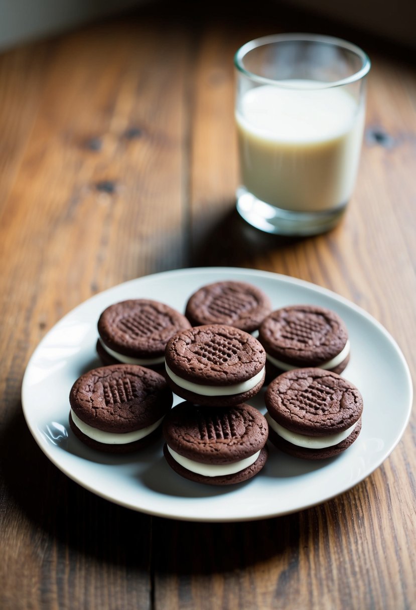 A plate of velvety cocoa sandwich cookies with a glass of milk on a wooden table