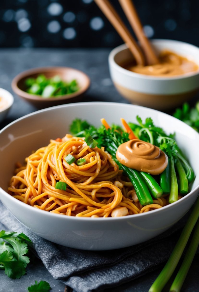 A bowl of spicy peanut noodles with fresh vegetables and a dollop of peanut butter sauce