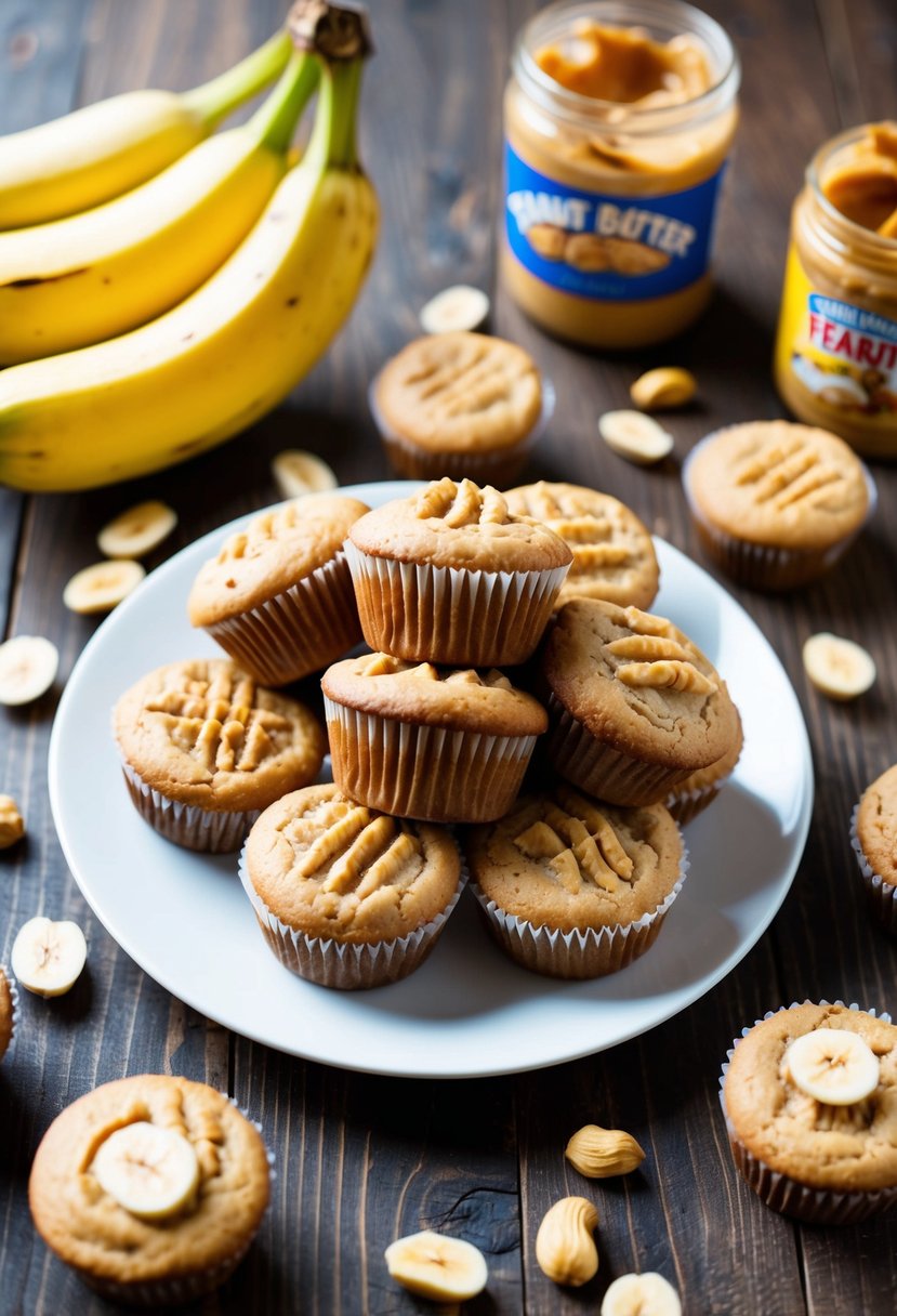 A wooden table with a plate of freshly baked peanut butter banana muffins, surrounded by scattered ingredients like bananas and jars of peanut butter