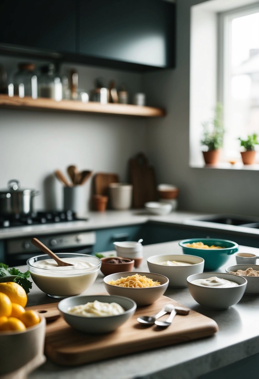 A kitchen counter with various ingredients and utensils for making yogurt cheesecakes