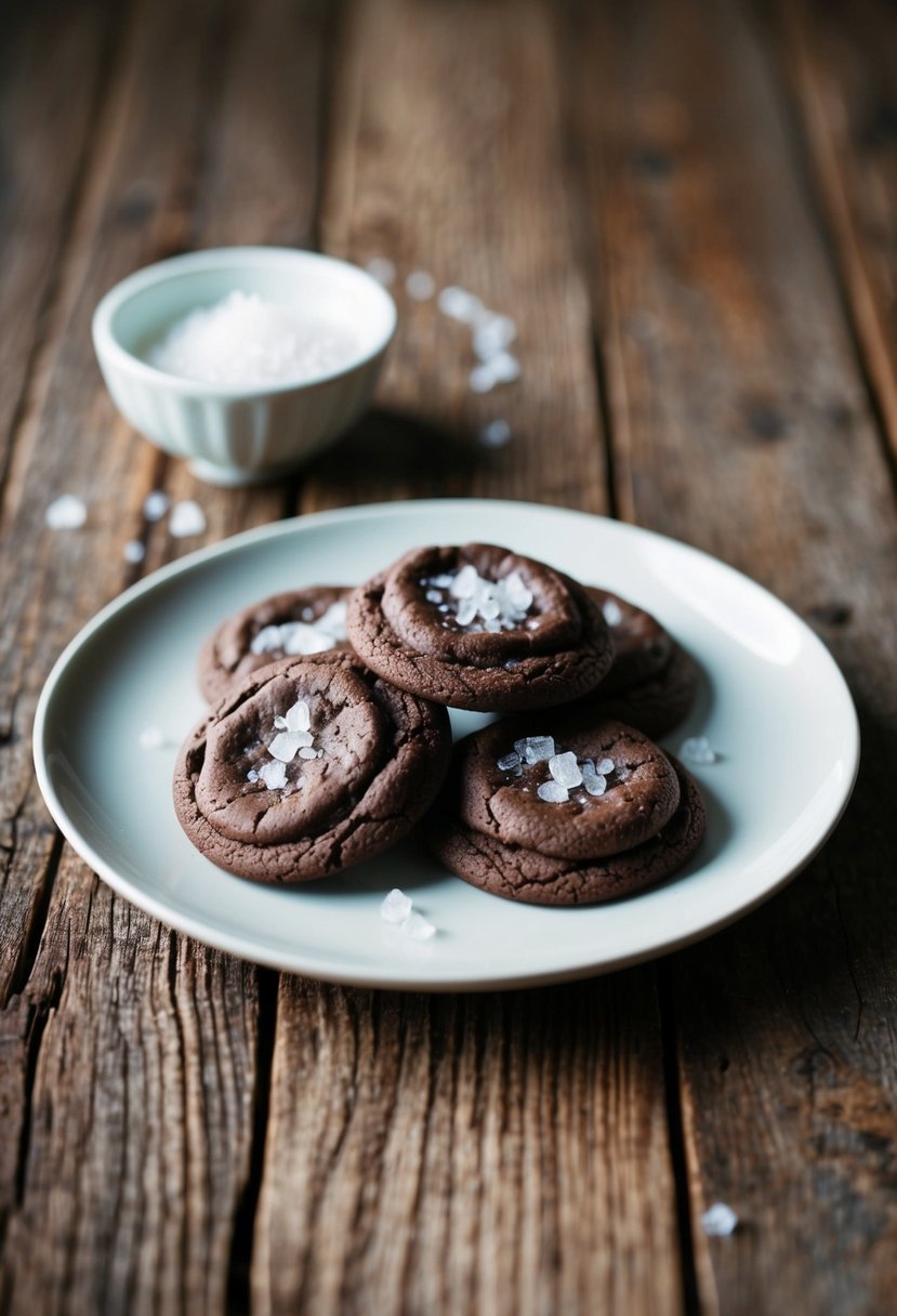 A plate of dark chocolate and sea salt cookies on a rustic wooden table