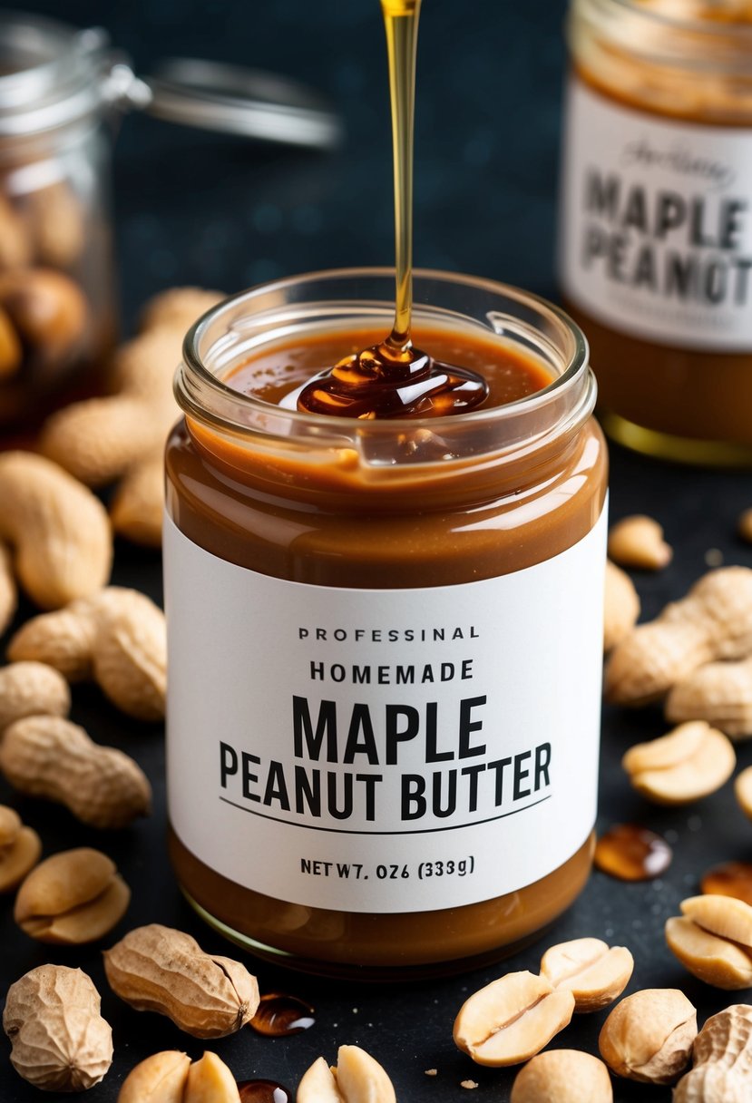 A jar of homemade maple peanut butter surrounded by fresh peanuts and a drizzle of maple syrup