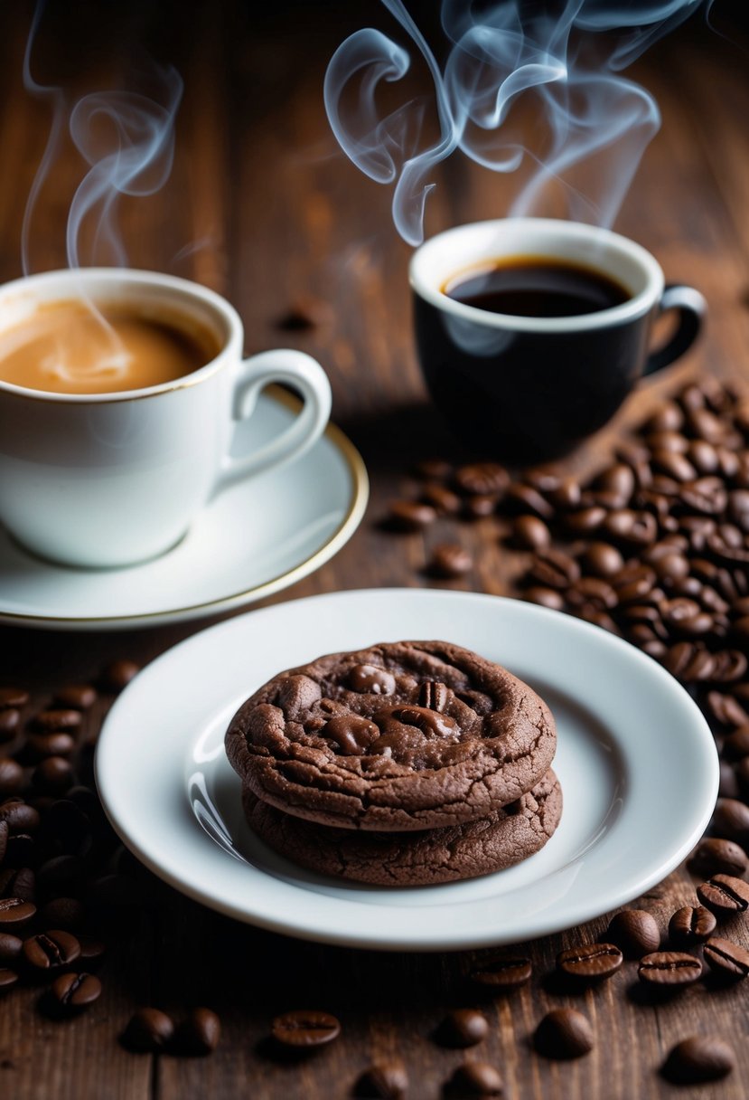 A steaming cup of espresso next to a plate of rich, chocolate cookies with a hint of espresso, surrounded by scattered coffee beans