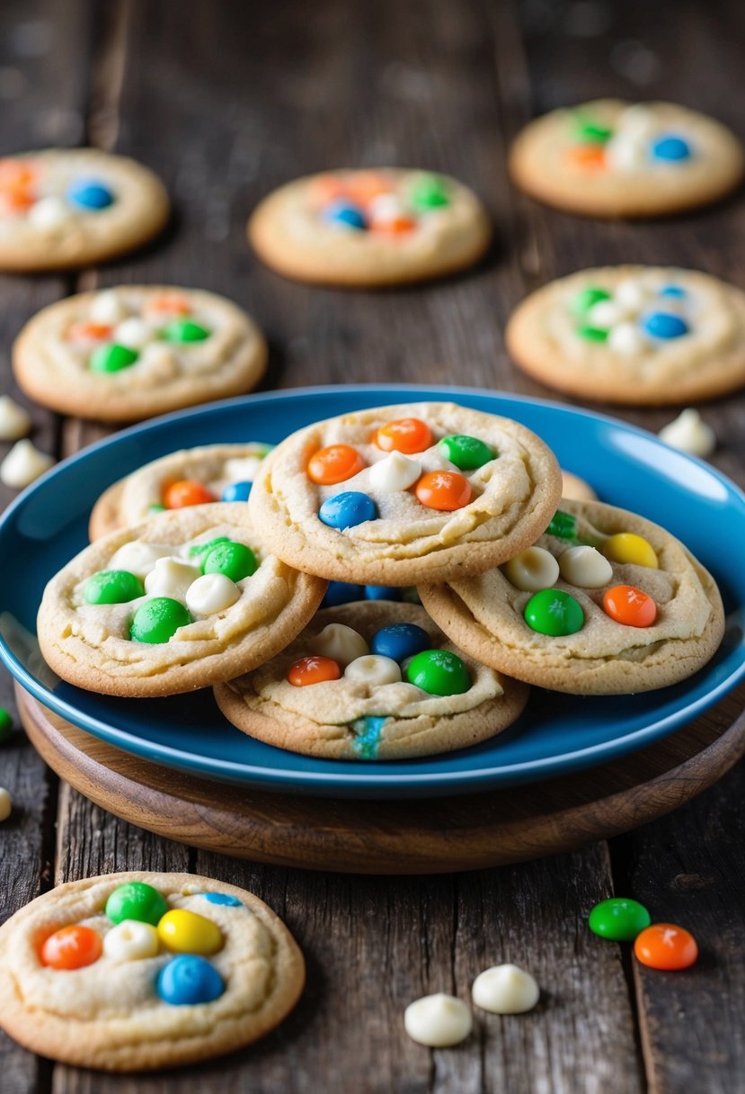 A plate of freshly baked white chocolate chunk marvels cookies on a rustic wooden table