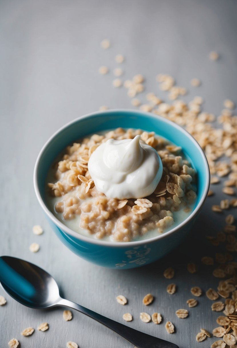 A bowl of oatmeal topped with a dollop of plain yogurt, surrounded by scattered oats and a spoon