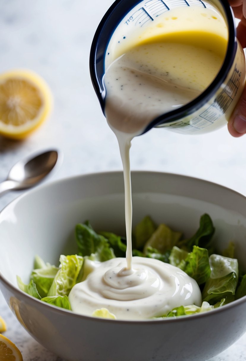 A bowl of plain yogurt being poured into a caesar salad dressing mixture