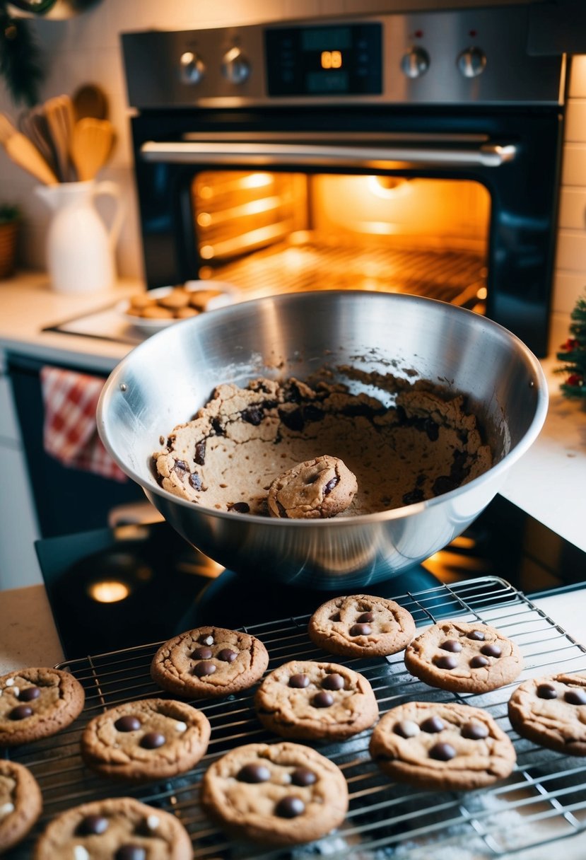 A cozy kitchen with a warm oven, a mixing bowl filled with spiced chocolate cookie dough, and a tray of freshly baked holiday cookies cooling on a wire rack