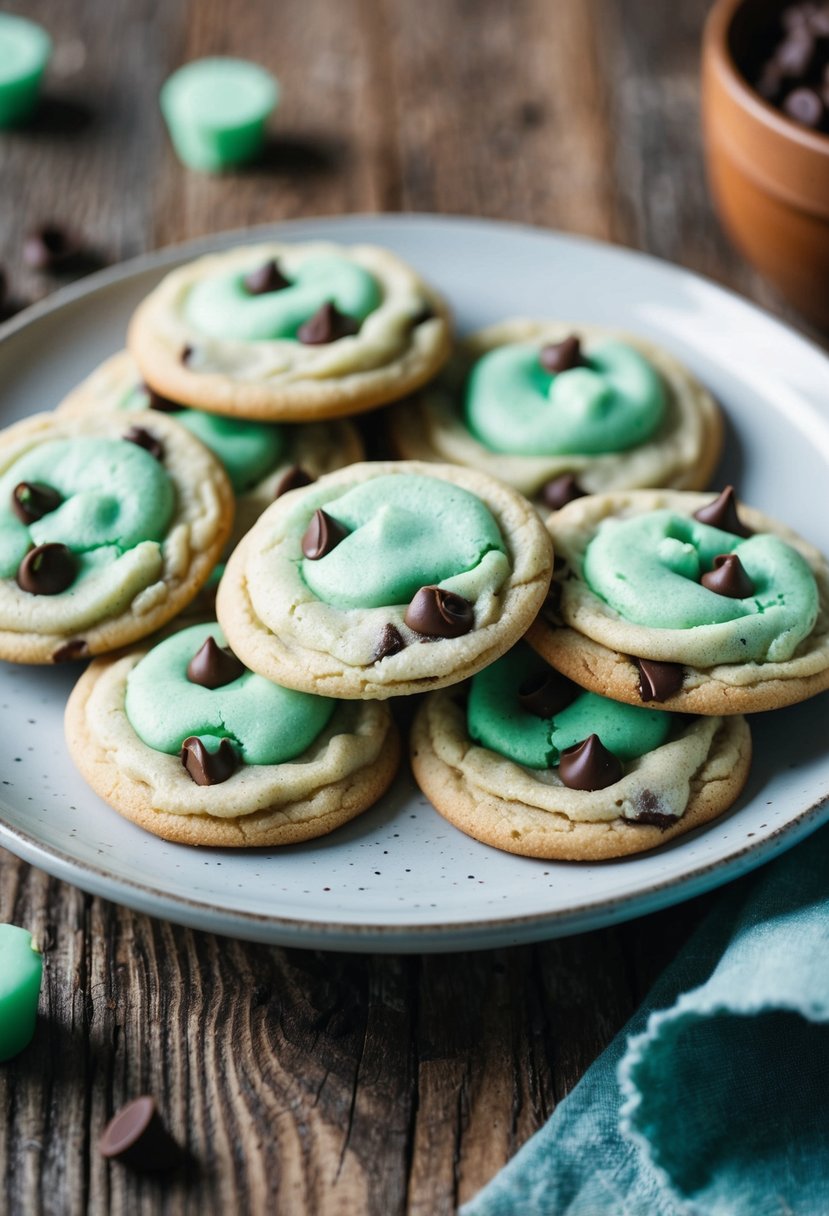 A plate of mint chocolate chip cookies on a rustic wooden table