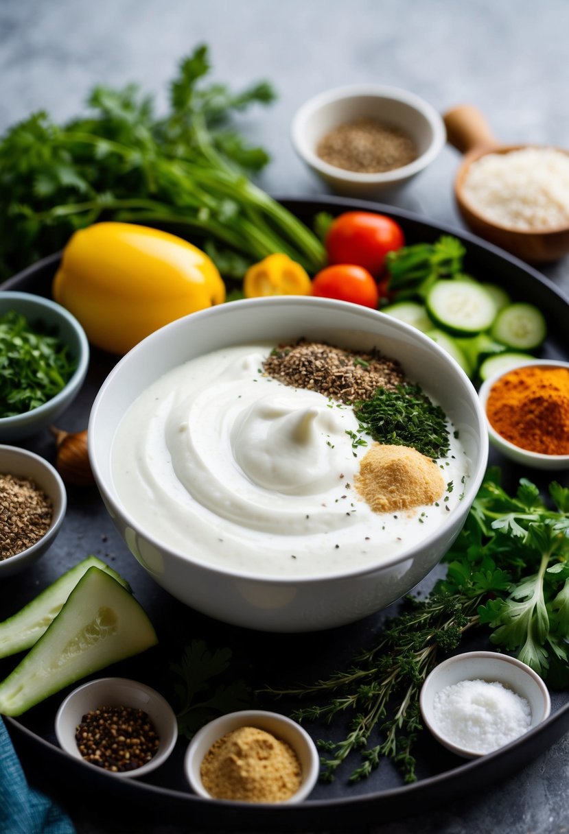 A bowl of plain yogurt surrounded by various ingredients like herbs, spices, and vegetables, ready to be mixed into different yogurt-based dip recipes