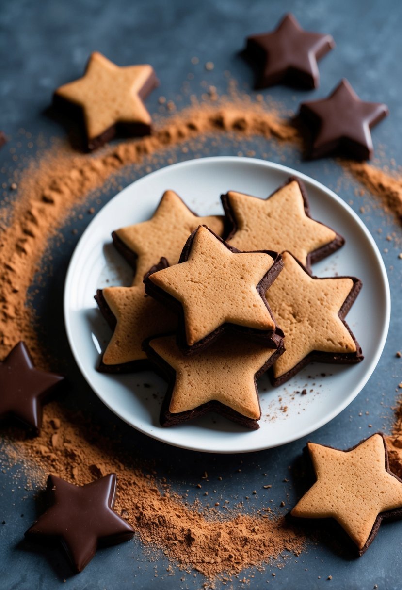 A plate of crème-filled chocolate star-shaped cookies surrounded by scattered cocoa powder and a few whole chocolate stars