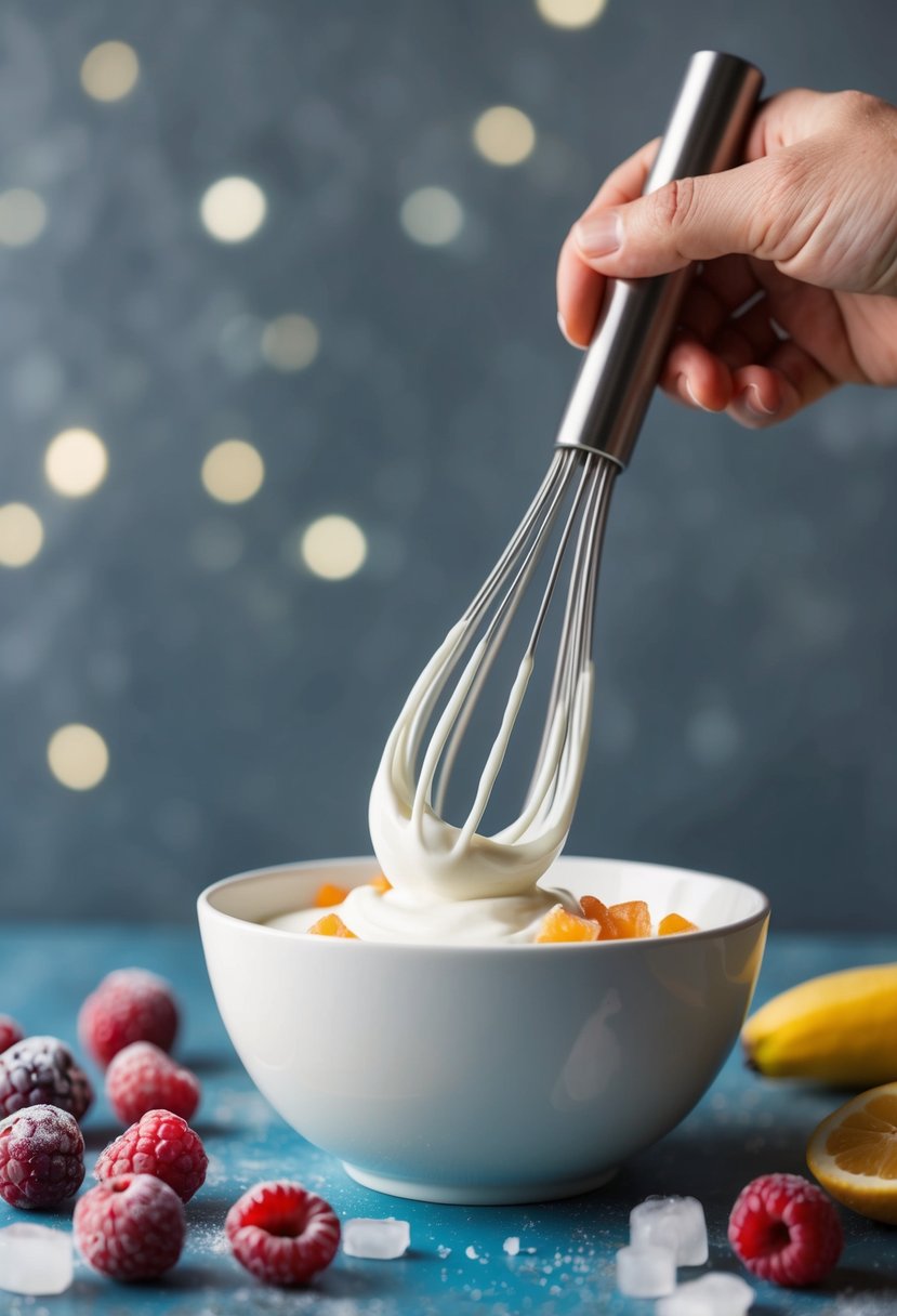 A hand holding a whisk mixing plain yogurt in a bowl with frozen fruit and toppings scattered around