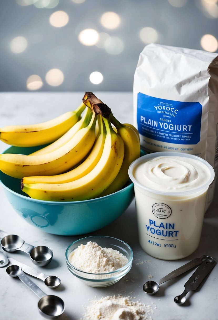 A mixing bowl filled with ripe bananas, a container of plain yogurt, and a bag of flour, all surrounded by scattered measuring cups and spoons