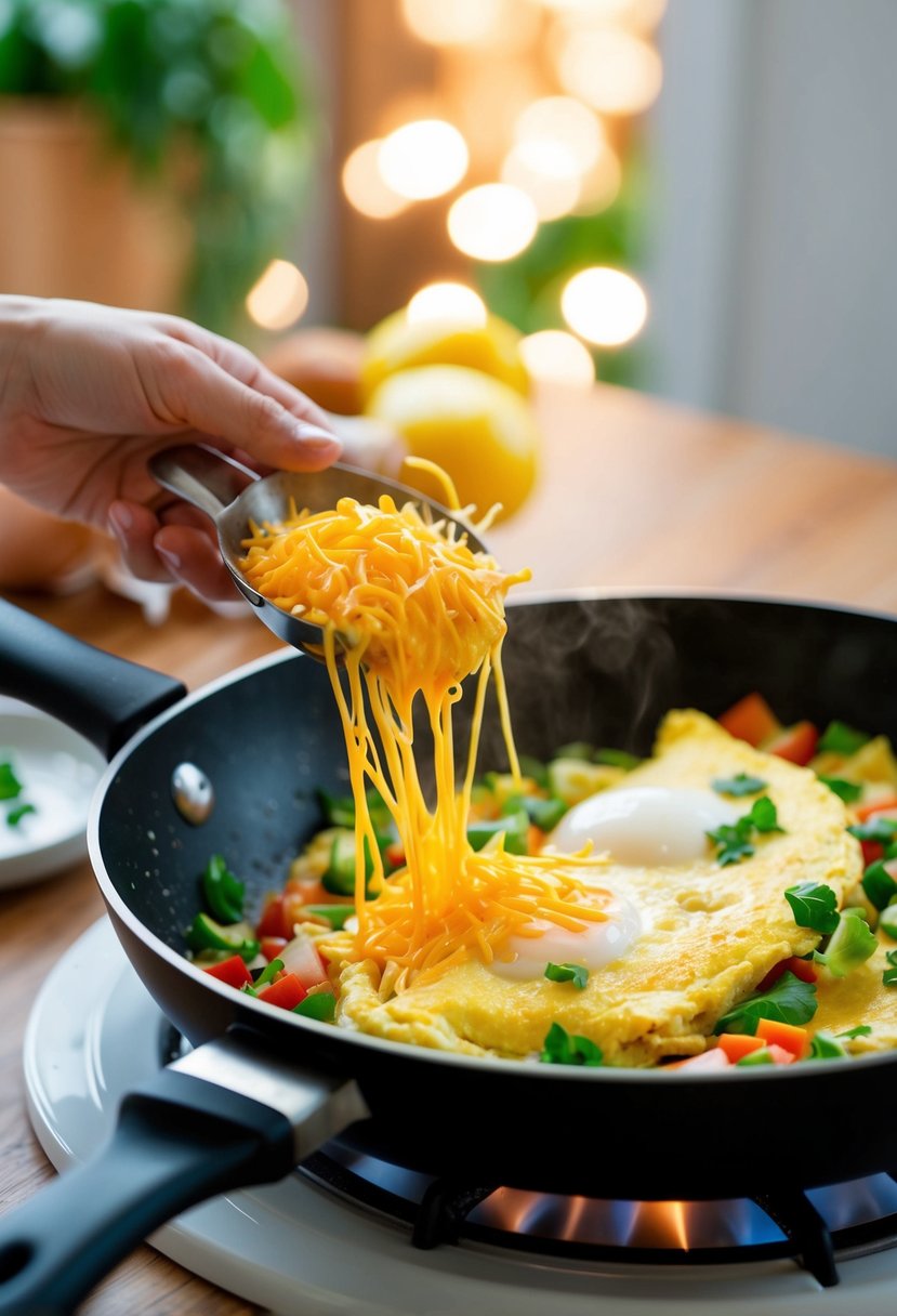 A sizzling skillet with eggs, cheese, and vegetables being mixed together to create a fluffy omelette