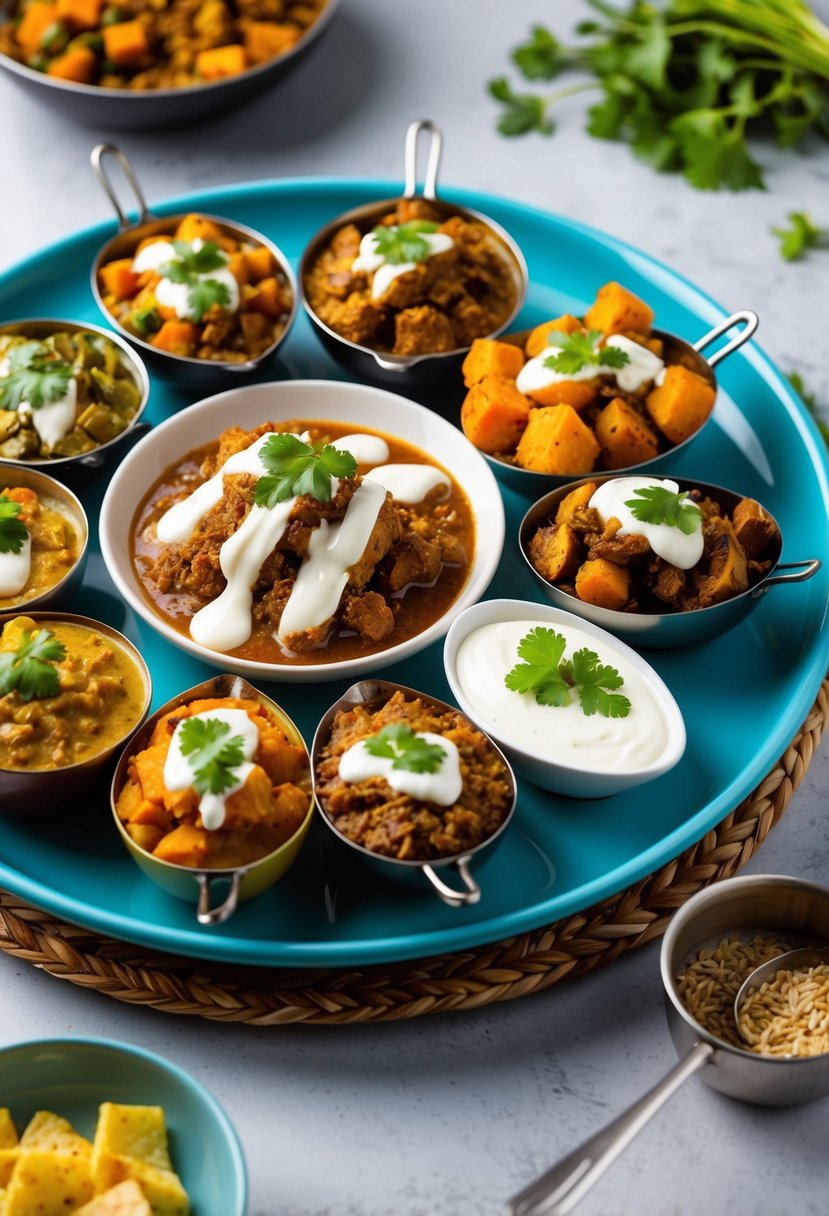 A colorful assortment of curries topped with a creamy yogurt drizzle, arranged on a serving platter