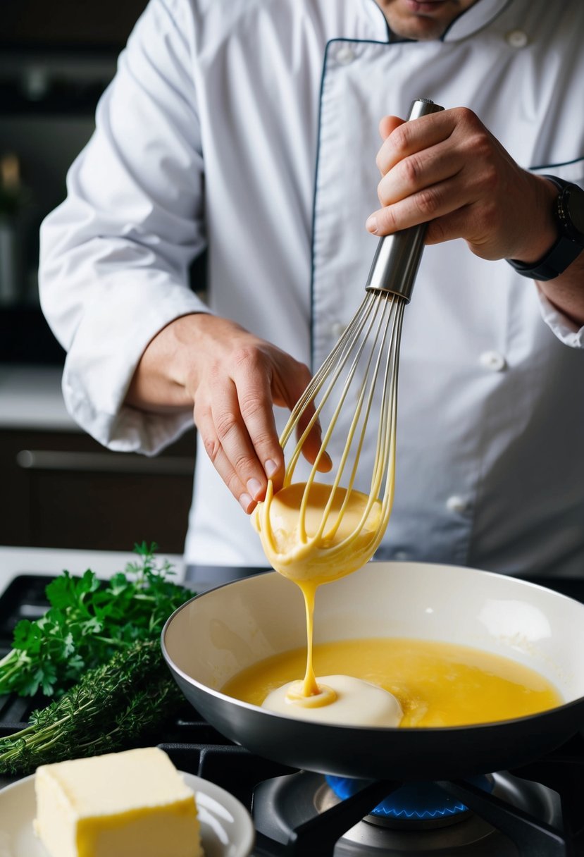 A chef whisking eggs in a bowl, surrounded by fresh herbs, a pat of butter, and a skillet on a stovetop