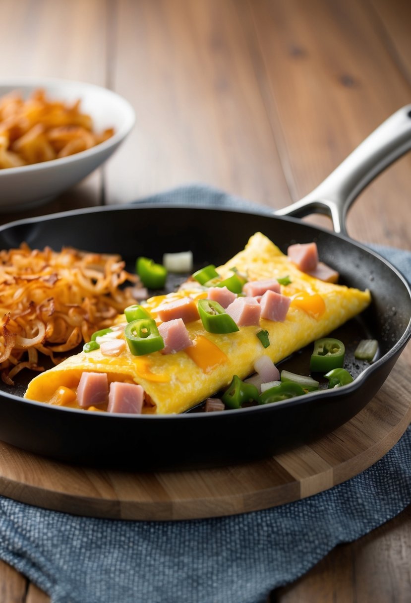 A sizzling skillet holds a Denver omelet with diced ham, green peppers, onions, and melted cheese, served with a side of crispy hash browns