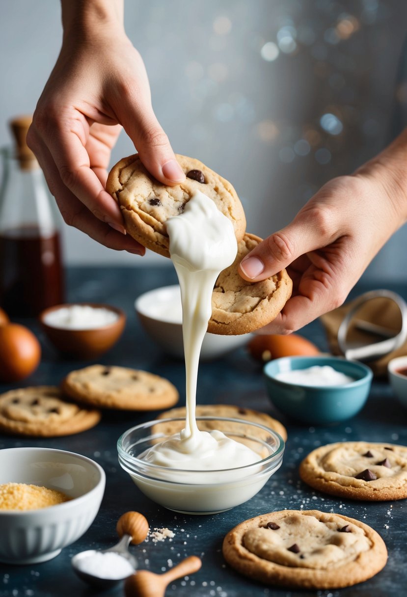 Cookies being bound with yogurt, surrounded by ingredients and kitchen utensils