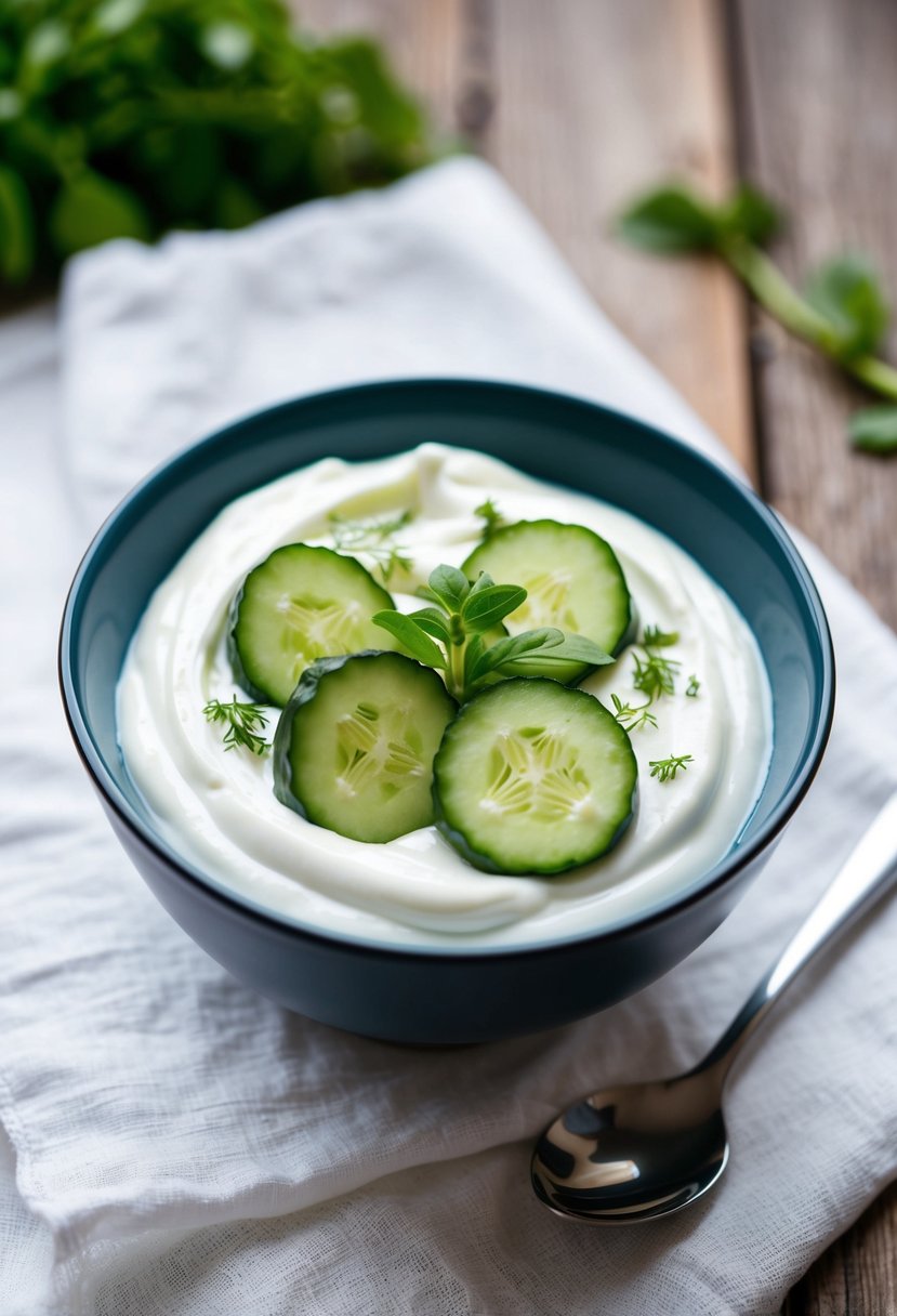 A bowl of creamy white yogurt mixed with fresh green cucumber slices and herbs