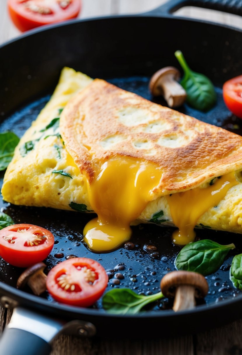 A fluffy cheese omelette sizzling in a hot skillet, surrounded by colorful ingredients like tomatoes, spinach, and mushrooms