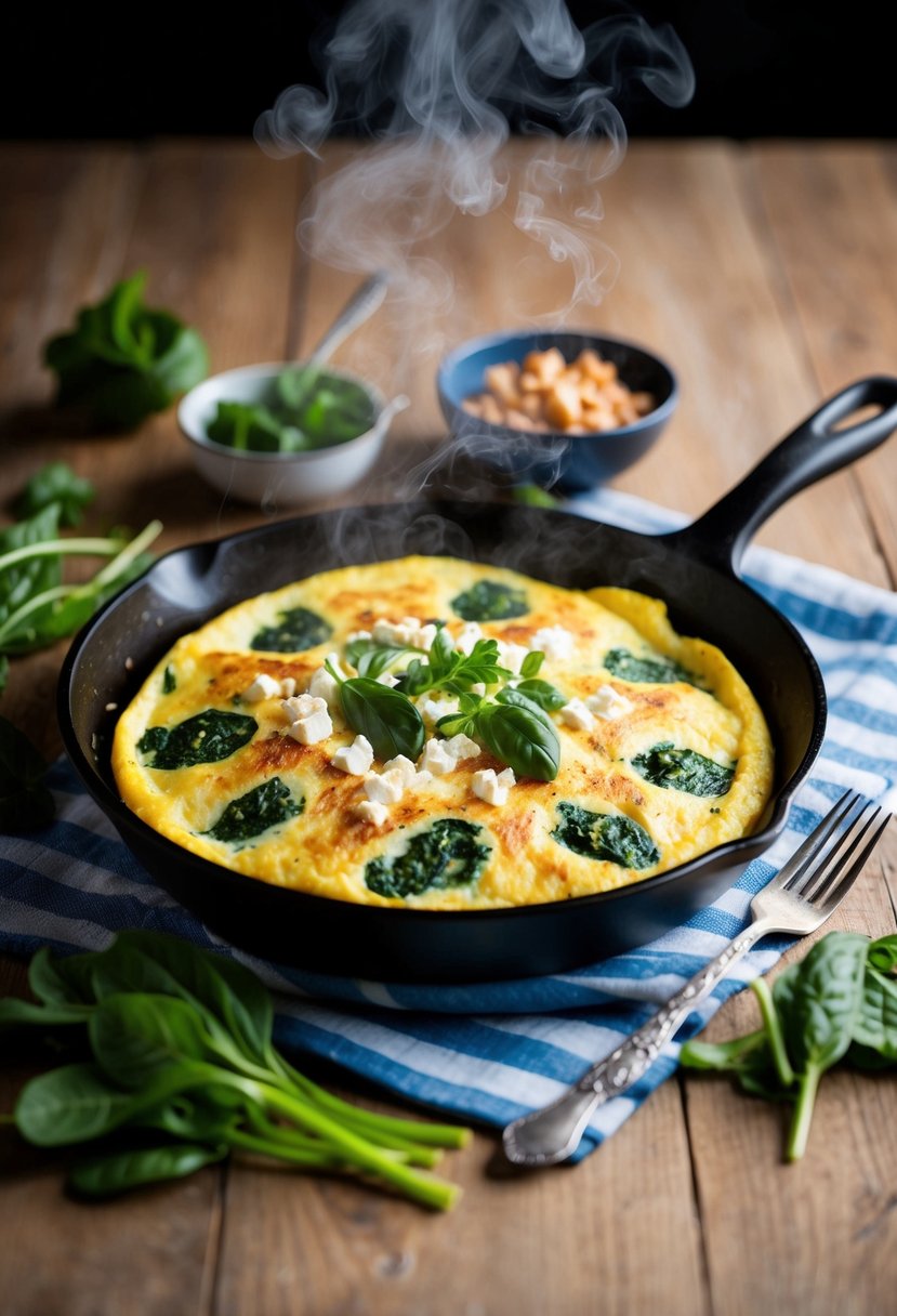 A sizzling skillet with a golden-brown spinach and feta omelette, steam rising, surrounded by fresh ingredients and a fork