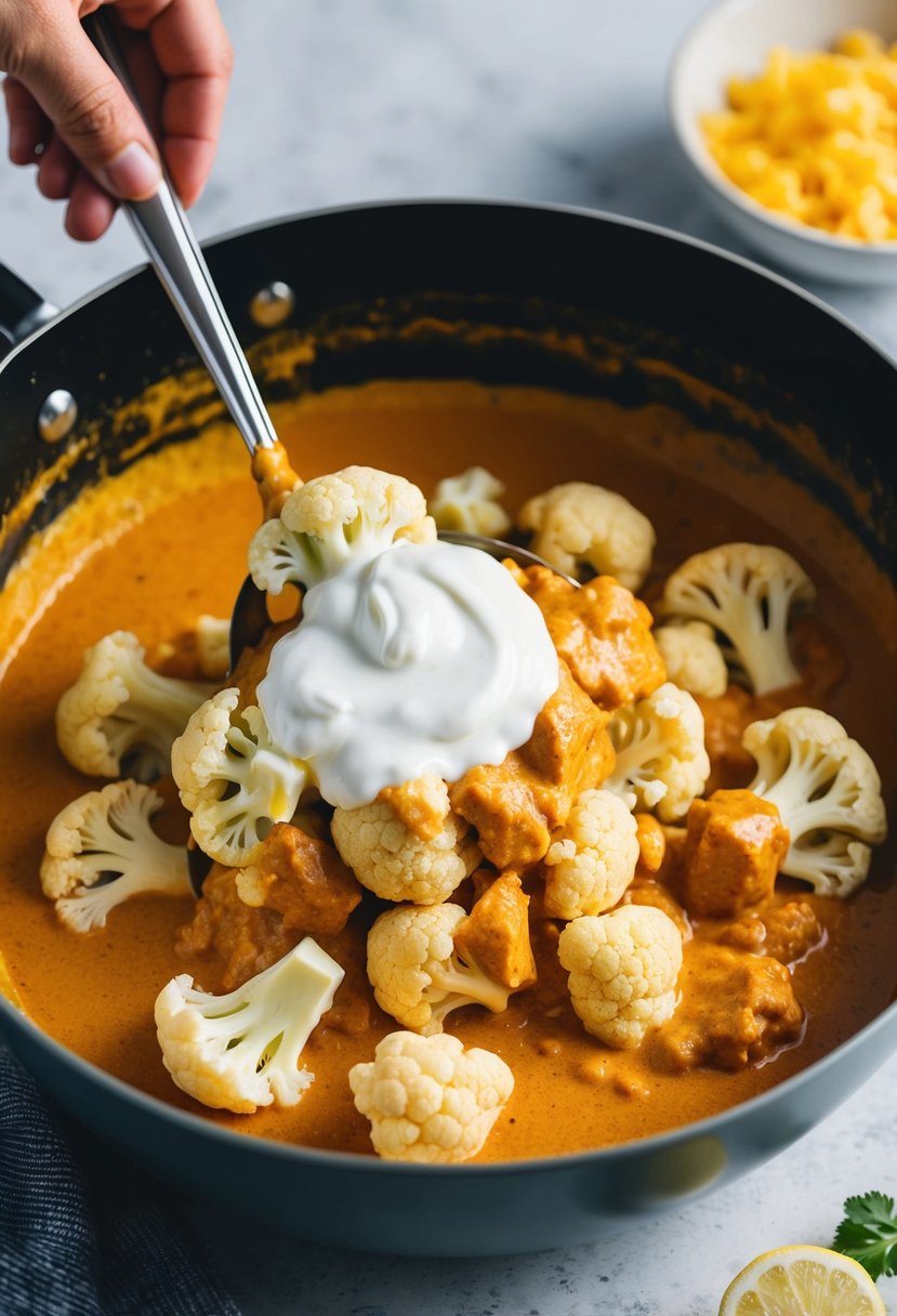 Cauliflower florets being stirred into a creamy tikka masala sauce with a dollop of plain yogurt being added