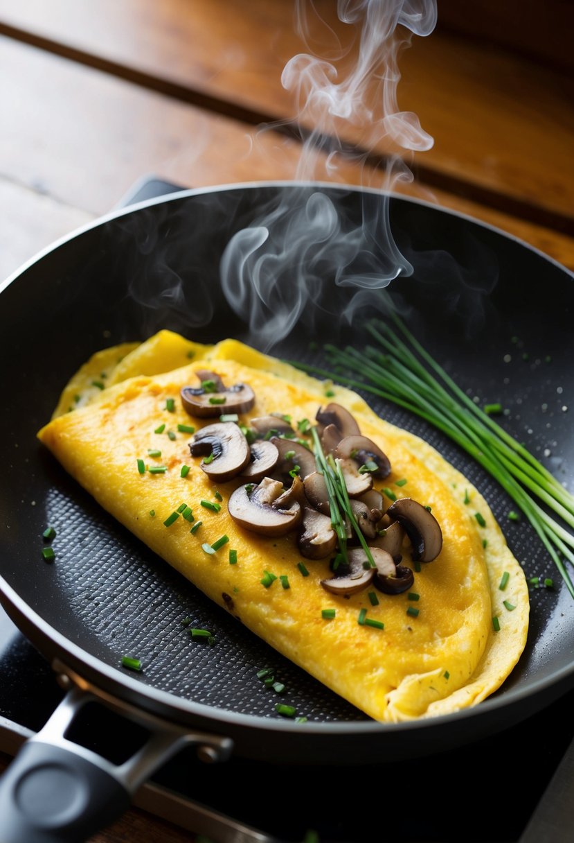 A sizzling omelette in a non-stick pan, filled with sautéed mushrooms and chives, steam rising from the golden surface